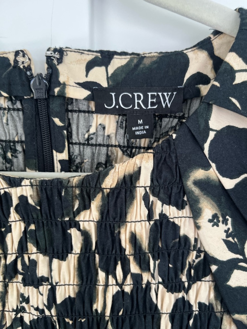 J. Crew Black and Cream Floral Smocked Midi Dress - Picture 4 of 8
